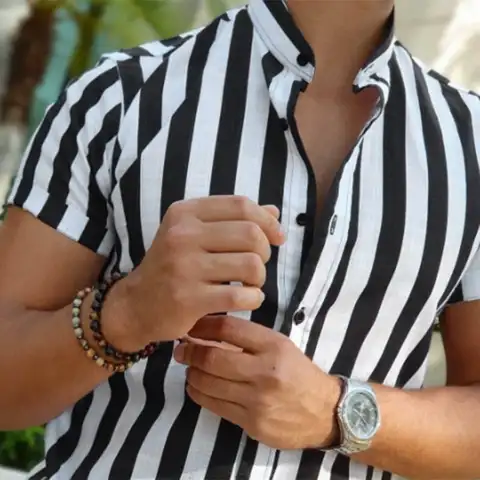 Summer European and American Men's Cross-border New AliExpress Men's Casual Short-sleeved Shirt Stand Collar Stripes