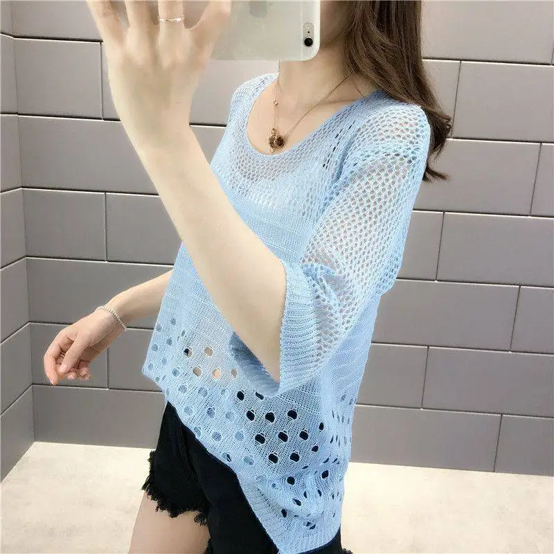 Stylish Solid Color All-match Hollow Out T-Shirt Female Clothing 2023 Summer New Oversized Casual Pullovers Commute Tee Shirt