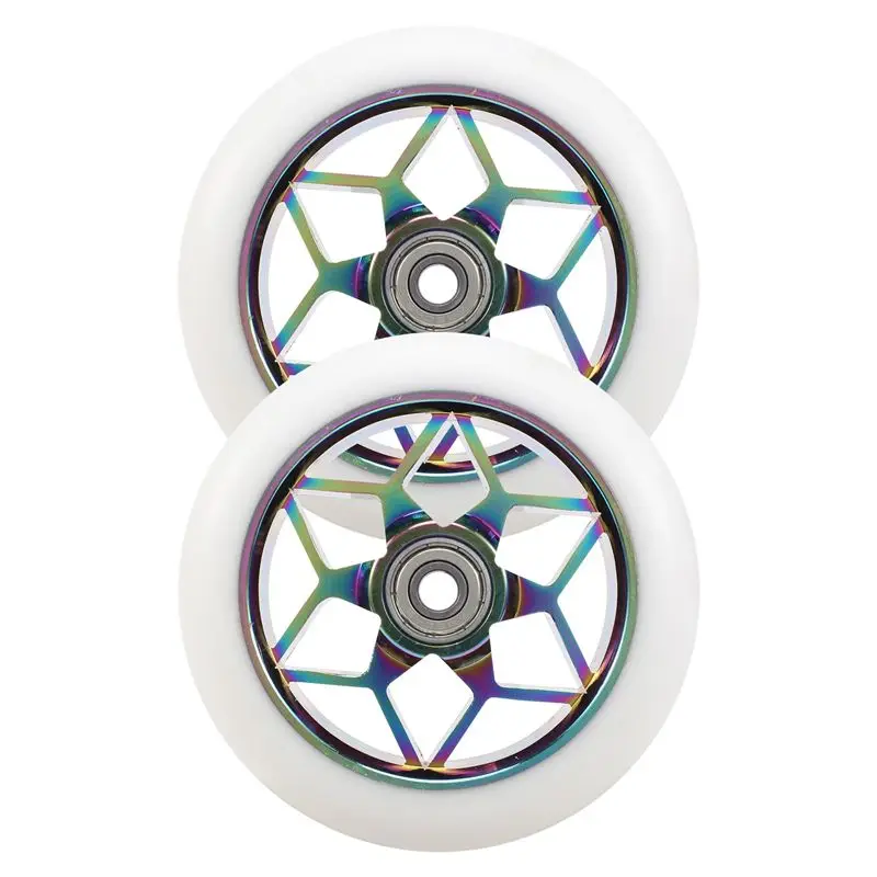 HLES 2 Pcs Scooter Accessories 110mm Scooter Wheels Colorful Pu Wheels Thick Stunt Car Wheels with Bearings(White)