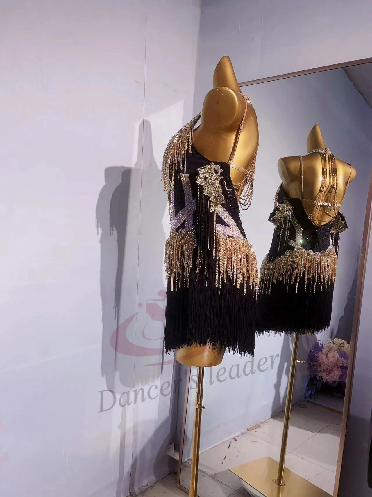 Latin Dance Costume International Stage Competition Uniform Black and White Gold Belt Diamond Samba Style Standard Dress