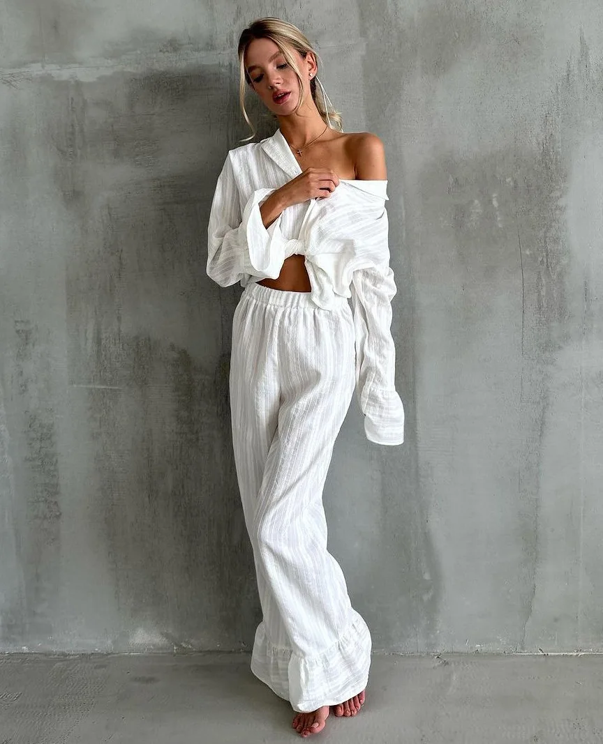 Damen-Pyjama-Set aus 100% Baumwolle in Weiß, Revers-Kragen mit Gürtel, Langarm, Rüschensaum, Jacquard-Schlafanzug, Loungewear S-L – Detail 8