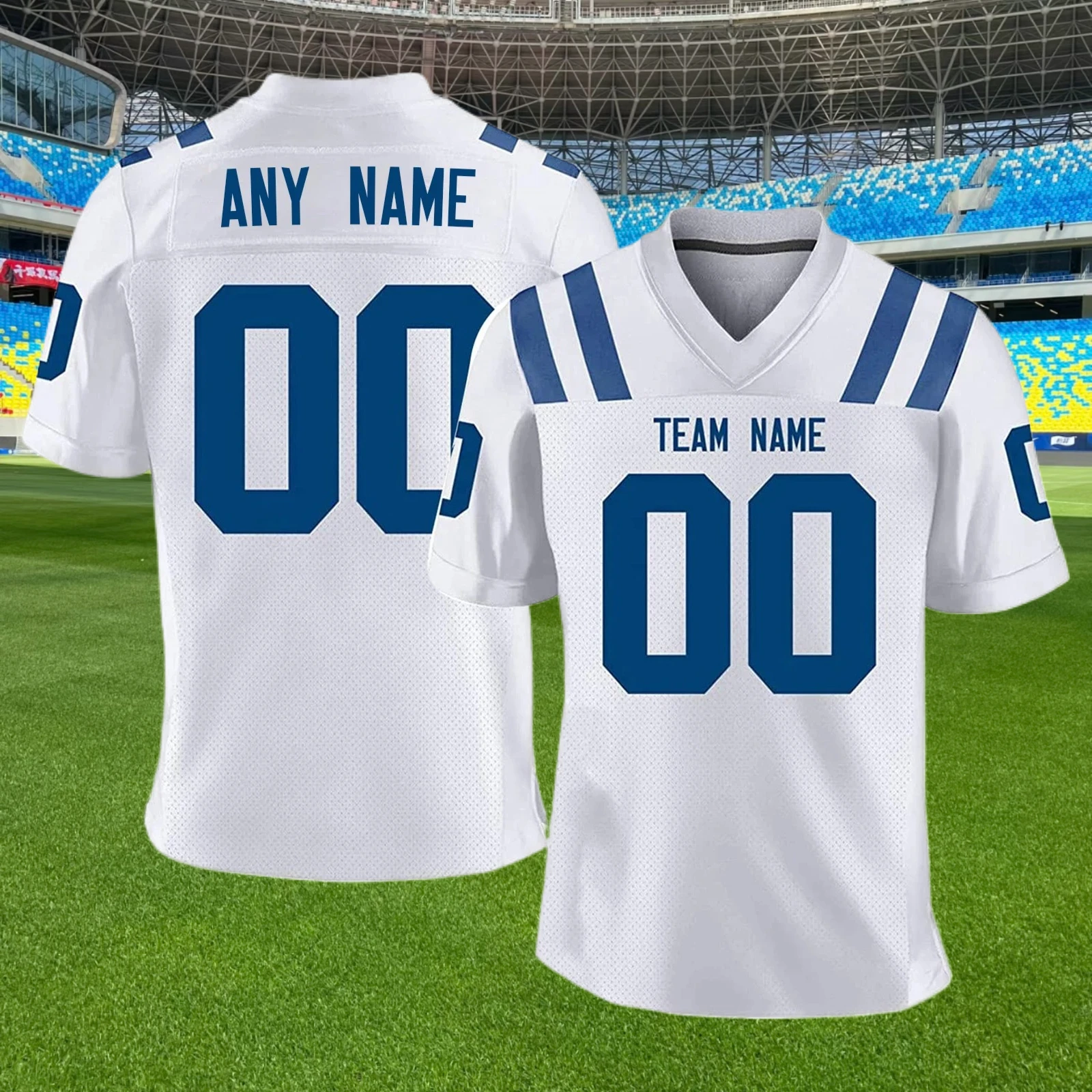 

Customized White and Blue American Football Jerseys for Men, Women and Children, with Personalized Printing of Team Names