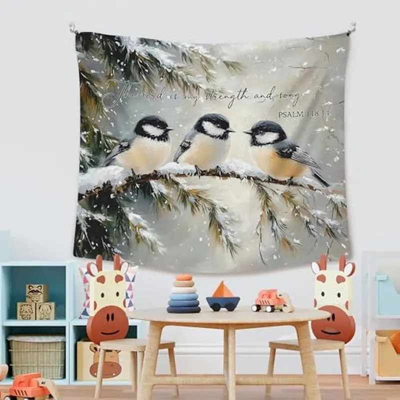VIKAMA Winter Chickadee Bird Lord Is My Strength Wall Tapestry Snow Pine Branch Psalm 118 14 Christian Religious Oil Painting