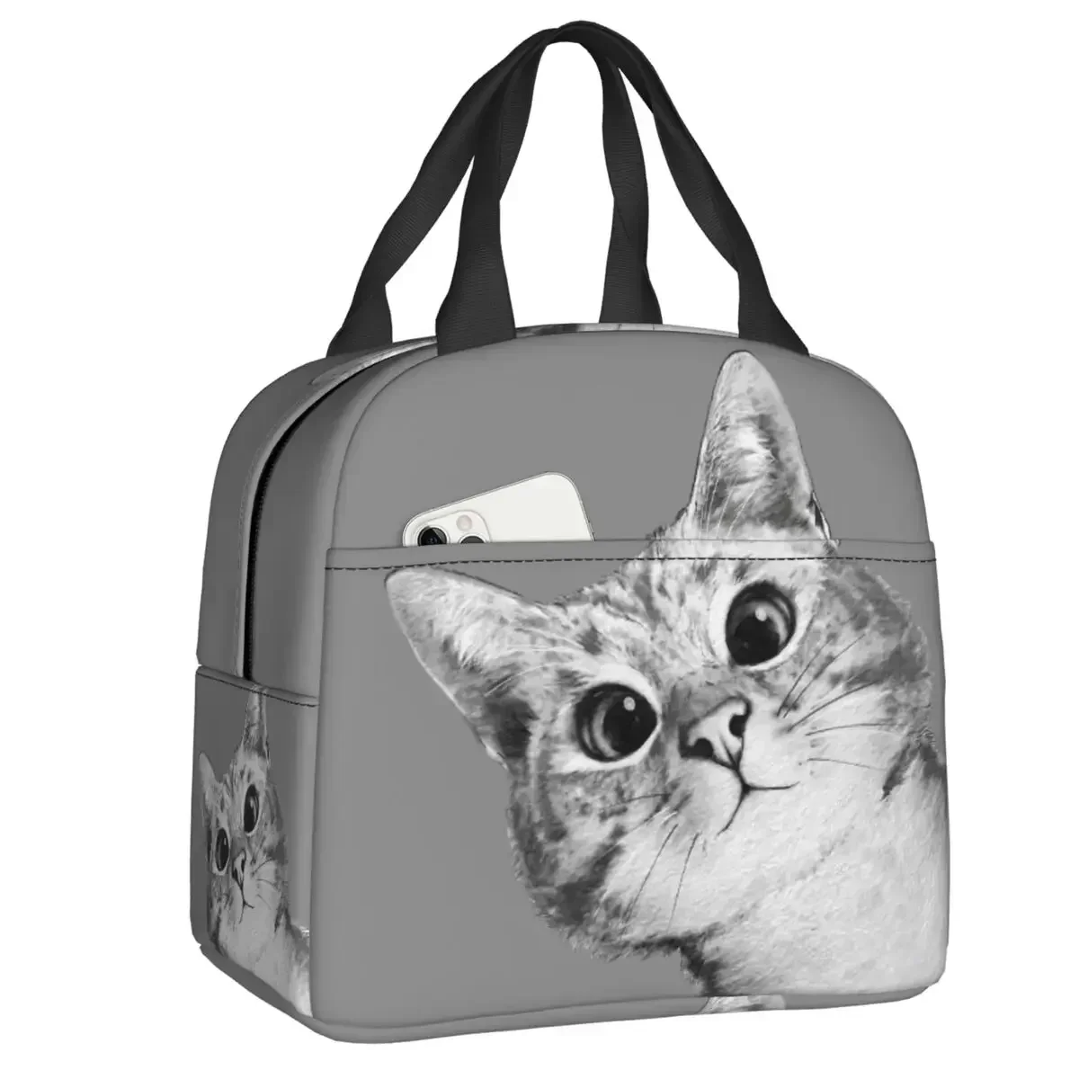 Cute Sneaky Cat Lunch Bag Portable Thermal Cooler Insulated Lunch Tote Box for Women Kids Office Picnic Travel Food Bags