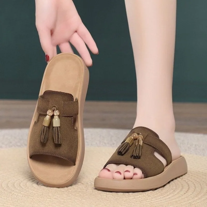 Women's Flat Sandals Open Toe Suede-Look Slip-On Casual Slippers Tassel Bead Detail Daily Summer Beach Slides Footwear Outdoor