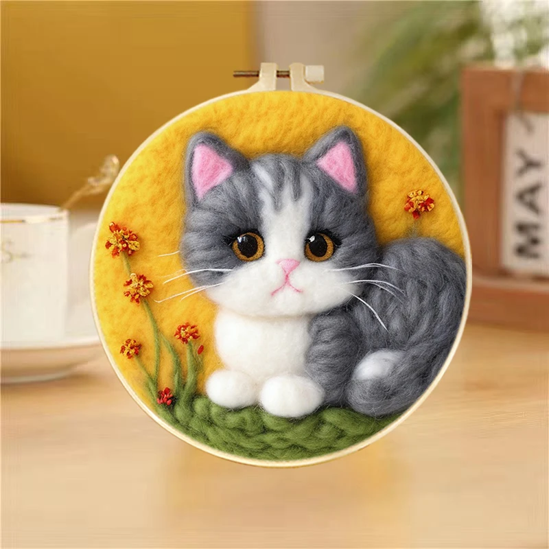 

1 Pack Diy Wool Needle Felting Starter Kit Creative Needle Felt Grey Cat Painting Animal Picture For Home Decor