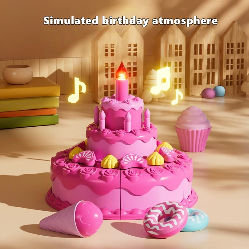 Criativo fingir jogar bolo de aniversário corte brinquedos conjunto simulação soprando vela sobremesa frutas diy montar brinquedo menina presente aniversário