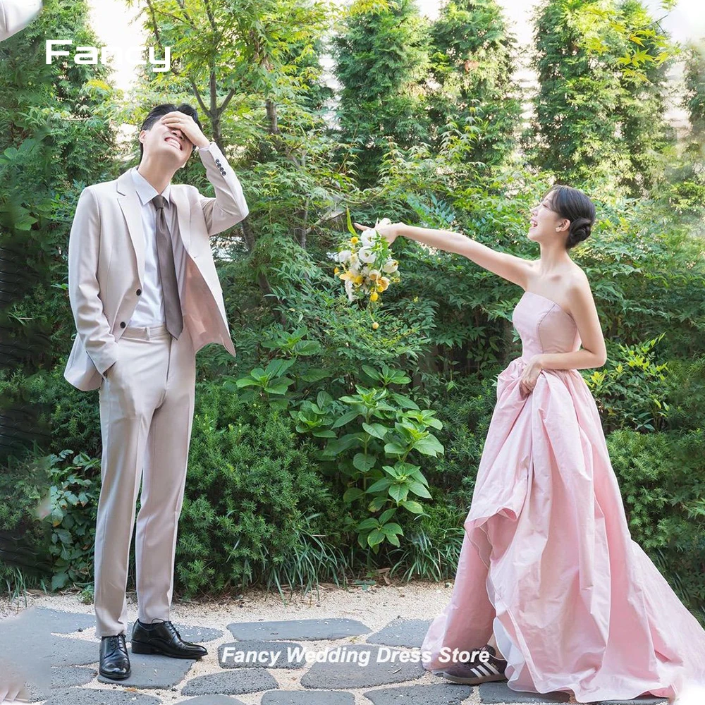 Vestido de novia de tafetán sin mangas para sesión de fotos, vestido de novia elegante, Rosa Simple, sin tirantes, coreano, largo hasta el suelo