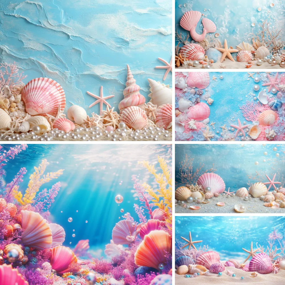 Underwater World Mermaid Shell Starfish Banner Photography Backdrop Children's Birthday Decoration Photography Studio Backdrop