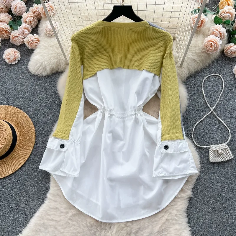 Leisure V Neck Tshirts Loose Lazy Casual Tops Niche Fake Two-Piece Contrasting Color Knitted Patchwork Buttons Shirt Long Sleeve