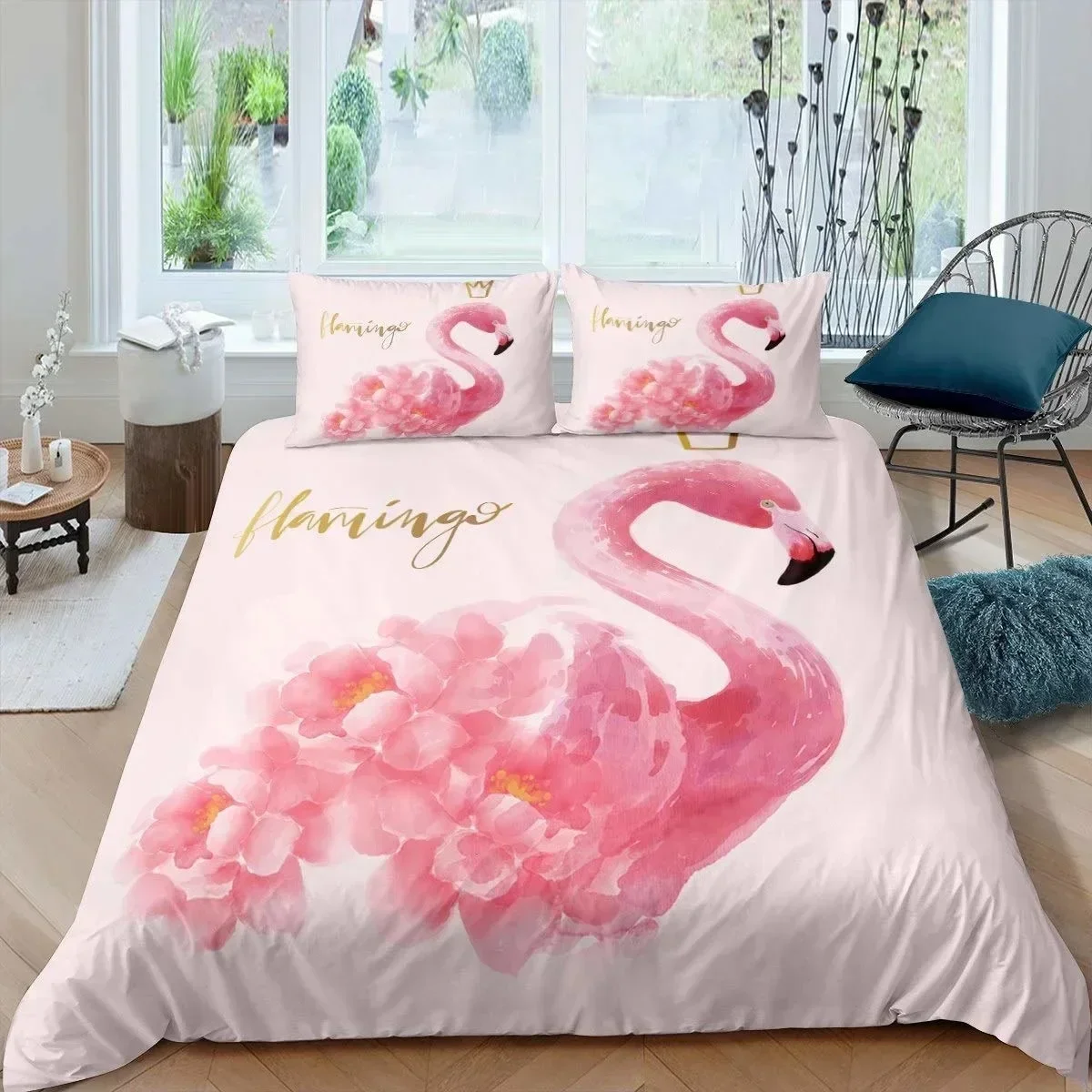 Flamingo Duvet Cover Set Girly Flowers Tropical Animal Bedding Set Pink Floral Polyester Comforter Cover for Girl Children