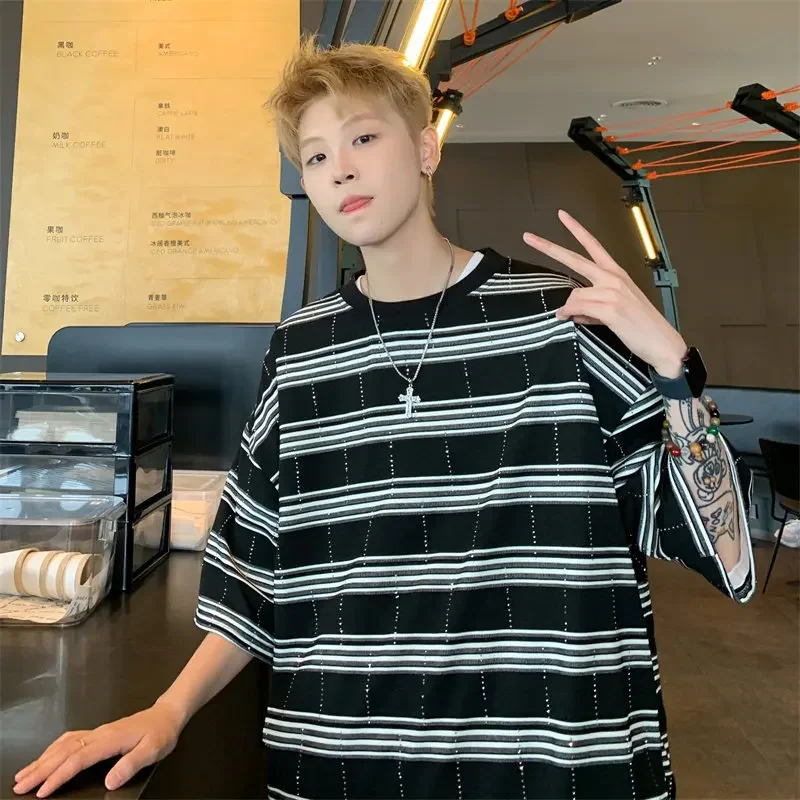 Striped Short-sleeved T-shirt Men's Summer American Retro Cotton Casual Clothes New Half-sleeved