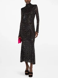 Sexy Turtleneck Long Sleeve Mesh Crystal Diamond Long Dress Women Black Bright Rhinestone Beads Slim Dresses Evening Party Gowns