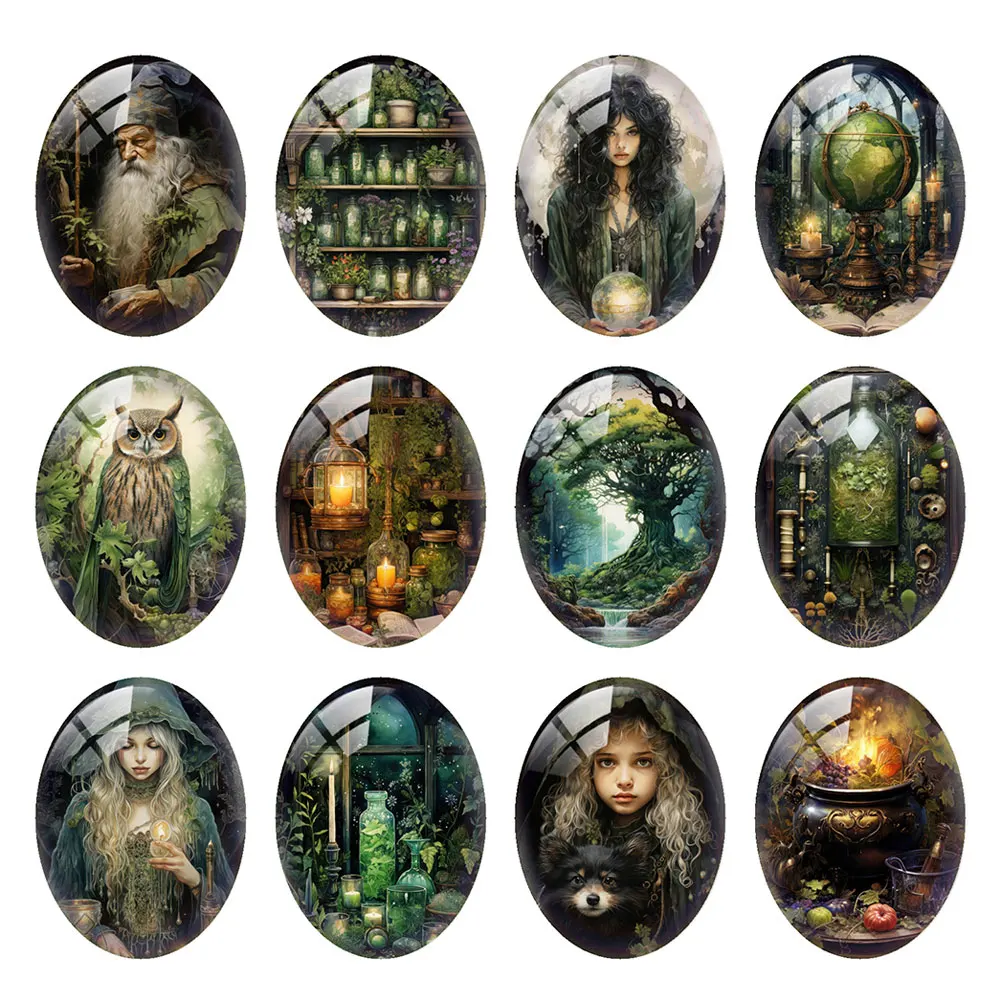 10pcs/lot Halloween Gothic Witch Wizard Owl Cauldron Oval Photo Glass Cabochon Flatback Demo Cameo For Diy Jewelry Making