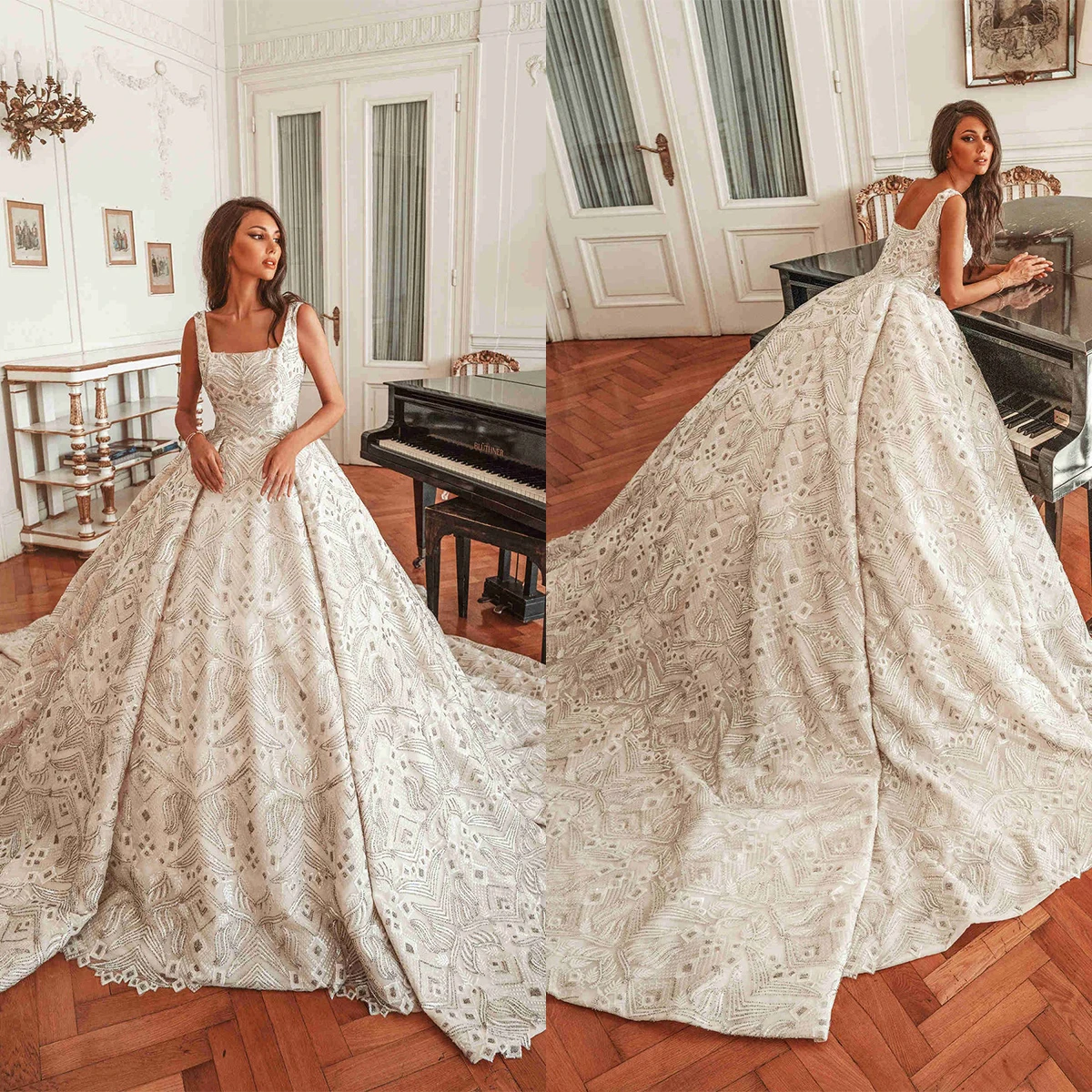 

Vintage A-Line Wedding Dress For Women Square Collar Sleeveless Bridal Gown Sweep Train Dresses Custom Made