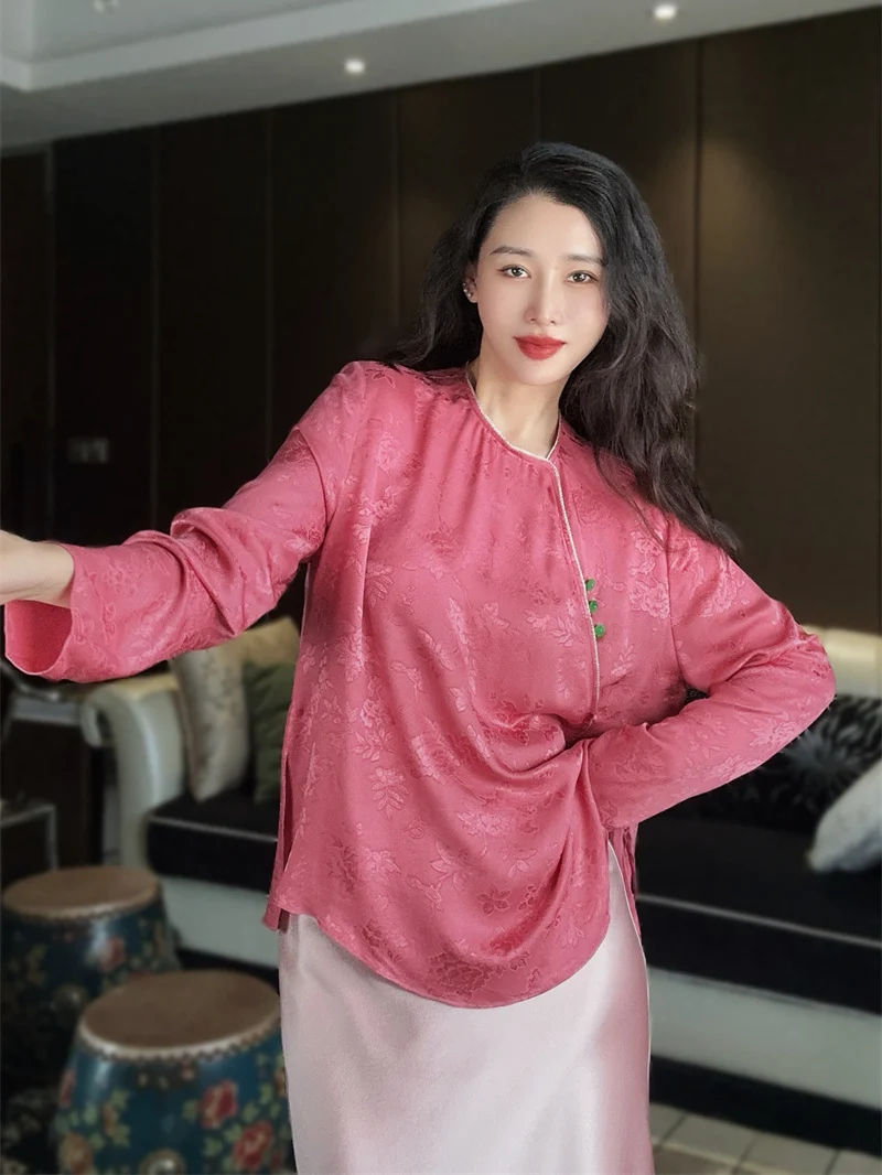 

Новая китайская шелковая блузка из сатина для женщин, с боковыми пуговицами, стройнящая, модная, цветная, персонализированная, укороченная, с длинными рукавами, круглым вырезом