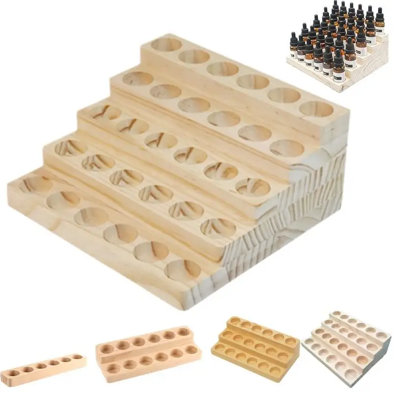 Support de Bouteilles d'Huiles Essentielles Robuste en Bois Naturel, Présentoir Multi-Compartiments pour Parfums, Support de Bureau Polyvalent Grande Capacité