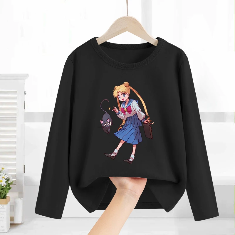 Sailor Moons Girl Black White Long Sleeve T-Shirt Anime Cartoon Tees Kids O-Neck Thin Tops Toddler Kawaii Clothes Christmas Gift