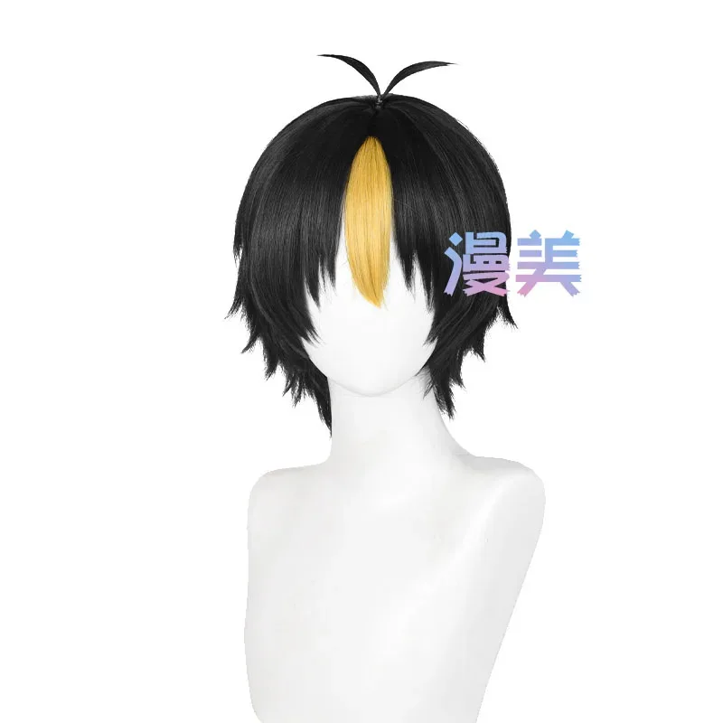 يو Nishinoya شعر مستعار تأثيري 30 سنتيمتر قصيرة أسود ذهبي يسلط الضوء على الشعر أنيمي مقاومة للحرارة بيروكات صناعية