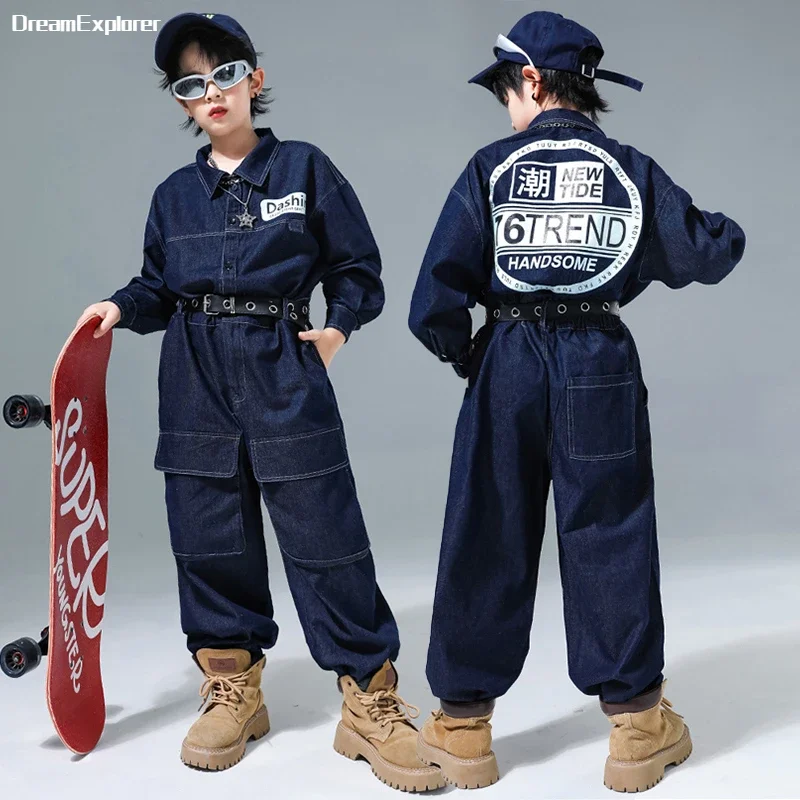 Kids Street Dance Denim Overalls Rompers Boys Hip Hop Bodysuit Girls Cargo Jeans Pants Jumpsuits Children Streetwear Dungarees