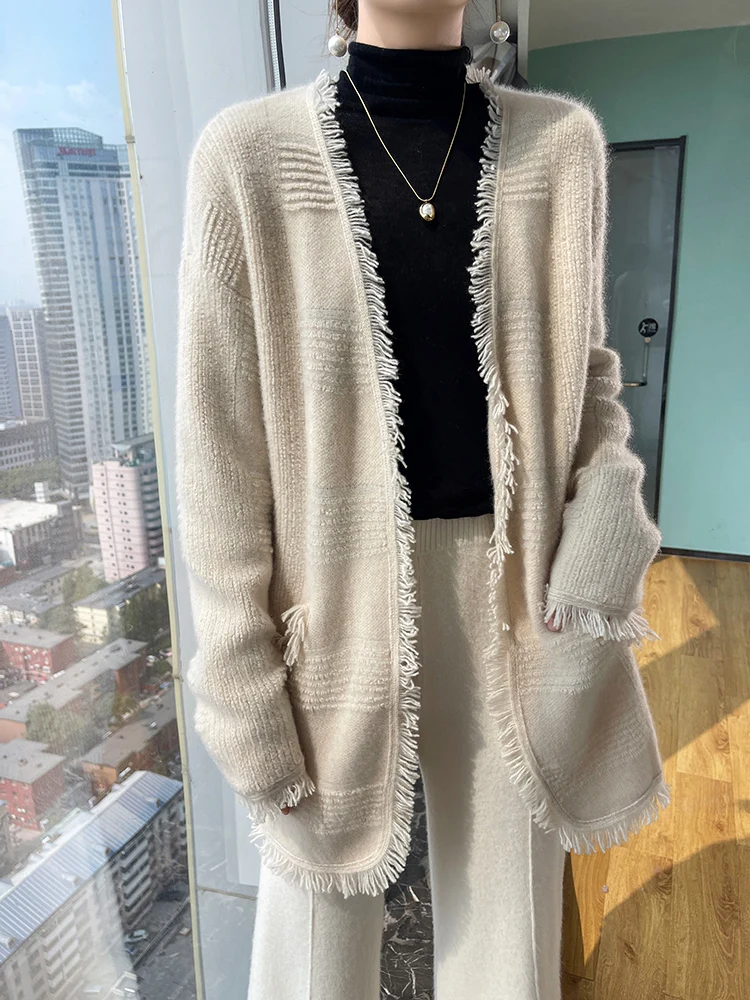 Autumn New 100% Pure Wool Cardigan Women\'s V-Neck Large Size Knitted Coat Fashion Loose Fringe Sweater All-Match Jacquard Jacket