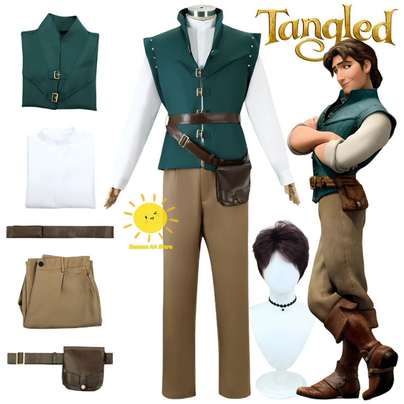 Beast kingdom flynn rider cosplay trajes emaranhados cosplay colete verde ternos pacote flynn rider halloween carnaval cos adulto homem