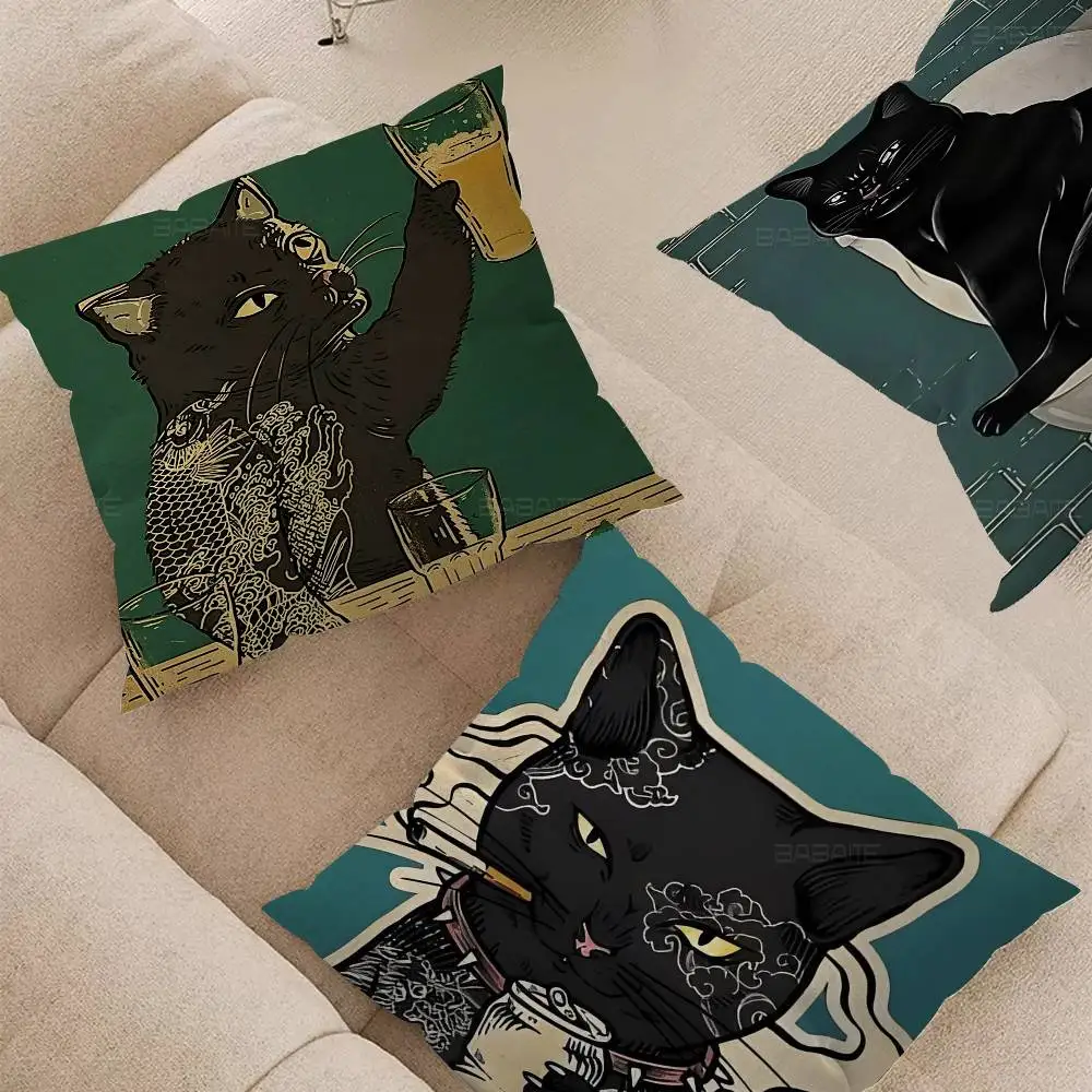 Black Drink Cat Vintage Poster Kissen Geschenk Home Office Dekoration Schlafzimmer Sofa Auto Kissenbezug Fall 45x45