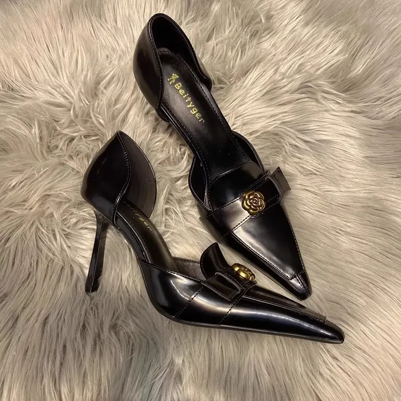 Spring and summer new small square scalp metal camellia sandals banquet dress versatile fashion high-heeled women's shoes