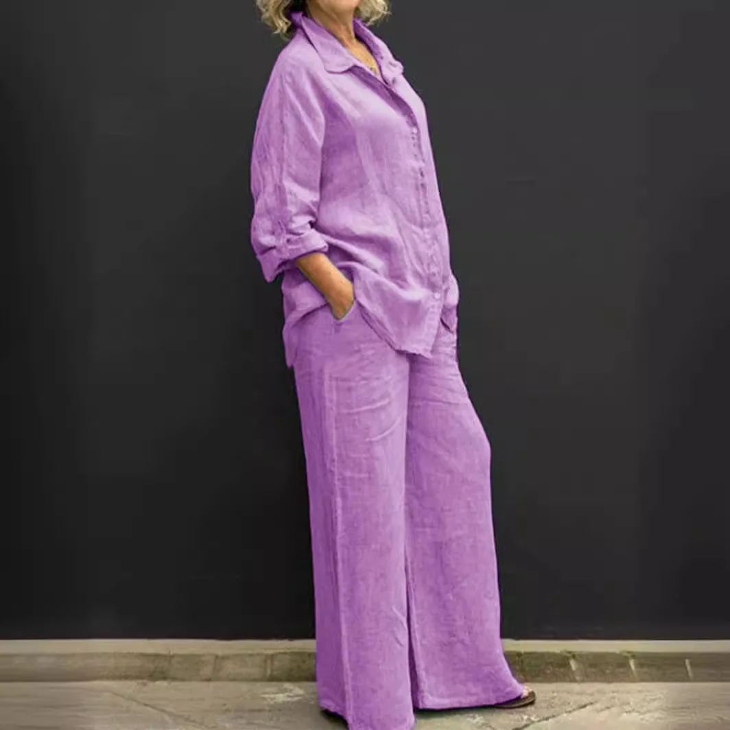Women OutfitsB Casual Cotton Linen Two Pieces Set Women Autumn Long Sleeve Shirt Trousers Set Fashion Solid Straight Pants Suits