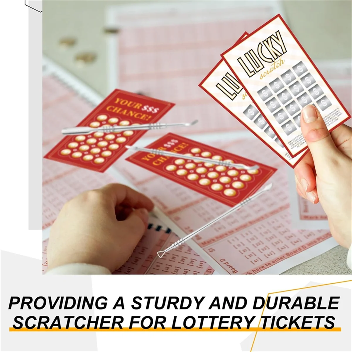 BOFOF 3 ชิ้นโลหะ Lottery Ticket Scratcher พร้อมกล่องเก็บสลาก Ticket Scratcher เครื่องมือลอตเตอรีผู้ถือตั๋วสําหรับผู้ใหญ่