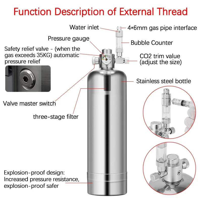 Imagem -02 - Kit de Sistema Gerador de Co2 para Aquário 1l 2l Rosca Externa Cilindro de Aço Reator de Dióxido de Carbono Kit para Tanque de Peixes Planta Aquática