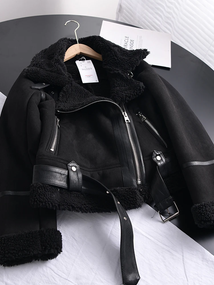 Winter Women Thick Warm Suede Lamb Jacket Short Motorcycle Brown Coats Faux Shearling Sheepskin Leather Jackets Outwear