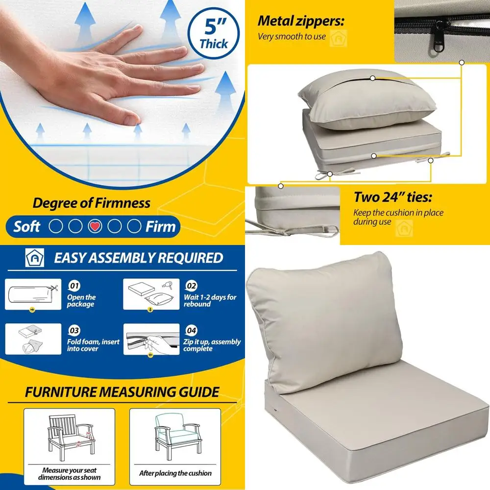 

Beige Waterproof Outdoor Chair Cushions, Fade-Resistant, 24x24x5 & 24x19, Patio Furniture Covers
