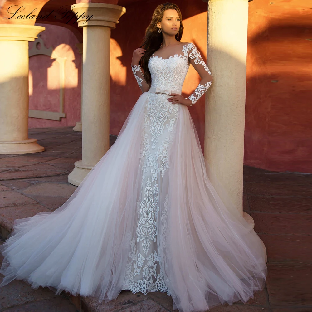 

Lceland Poppy Scoop Neck Mermaid Lace Wedding Dresses Floor Length Full Sleeves Tulle Bridal Gowns with Detachable Train