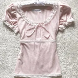 Sweet Lace T Shirt Women Clothes 2000s Vintage Streetwear Flower Casual Stringy Selvedge Crop Top Harajuku Aesthetic Tee Shirts