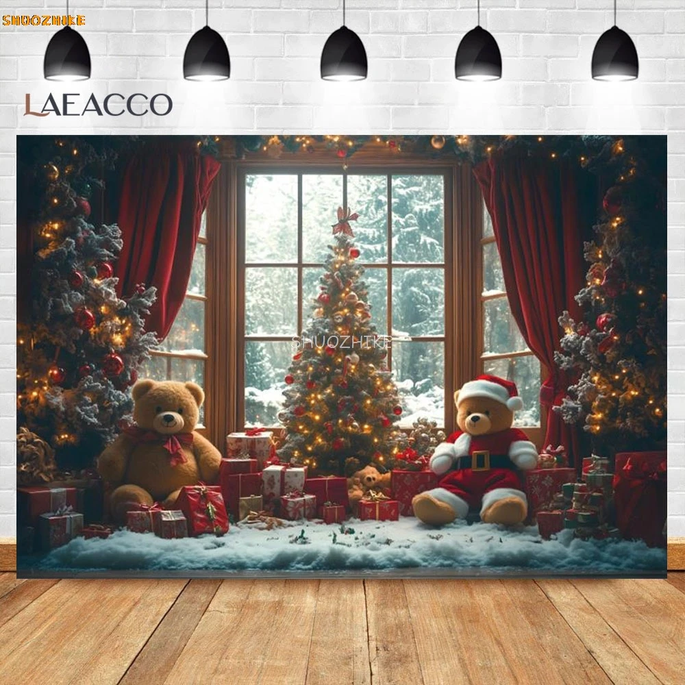 Winter Christmas Photography Backdrop Window Toy Bear Christmas Tree Kid Family Portrait Wood Floor Festival Party Backgrounds