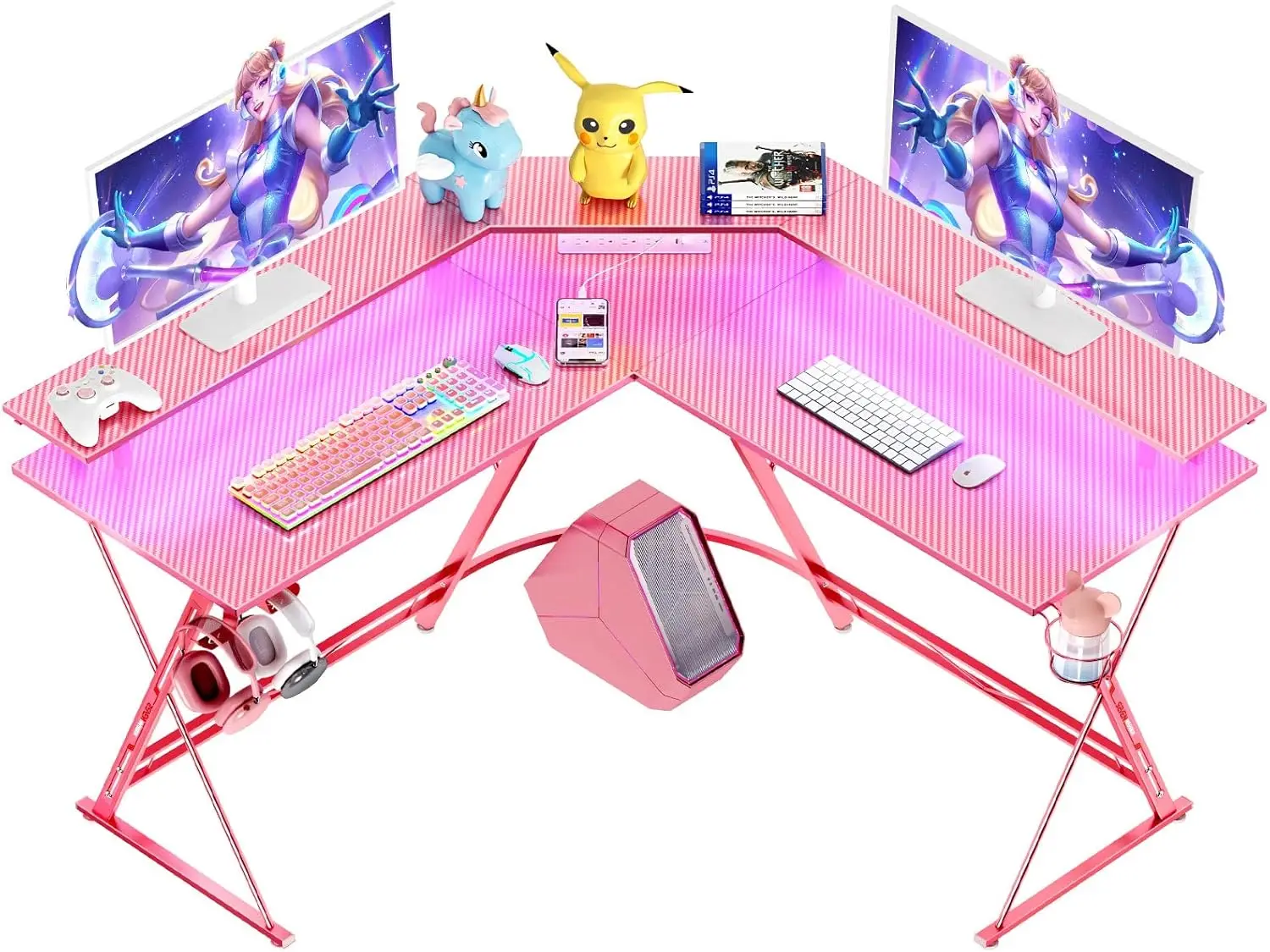 Gaming Desk 50.4” with LED Light & Power Outlets, L-Shaped Gaming Desk Carbon Fiber Surface with Monitor Stand,