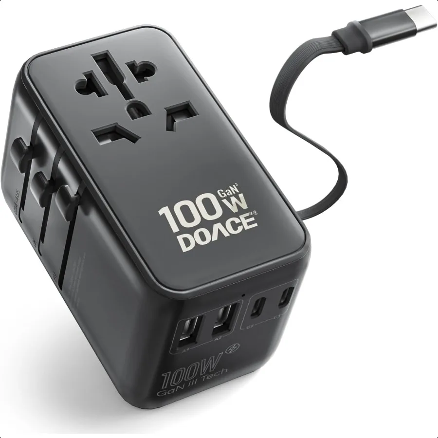 

Universal Travel Adapter 100W GaN 3.0 International Power Adapter with Builtin USBC Cable 6 in 1 Travel Adapter with 5 USB Port