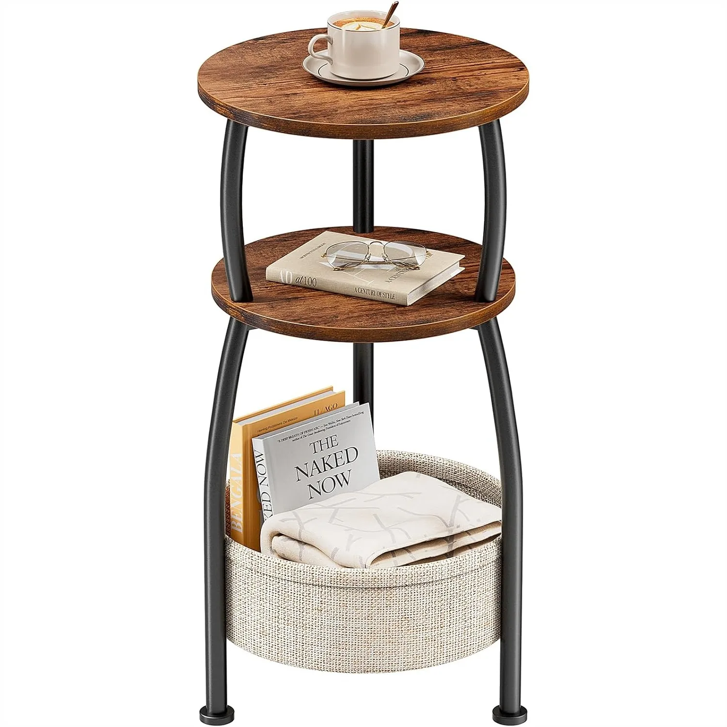 

Small Side Table with Storage Basket, Round End Table 3-Tier Nightstand for Living Room, Bedroom, Patio, Rustic Brown 24in Tall