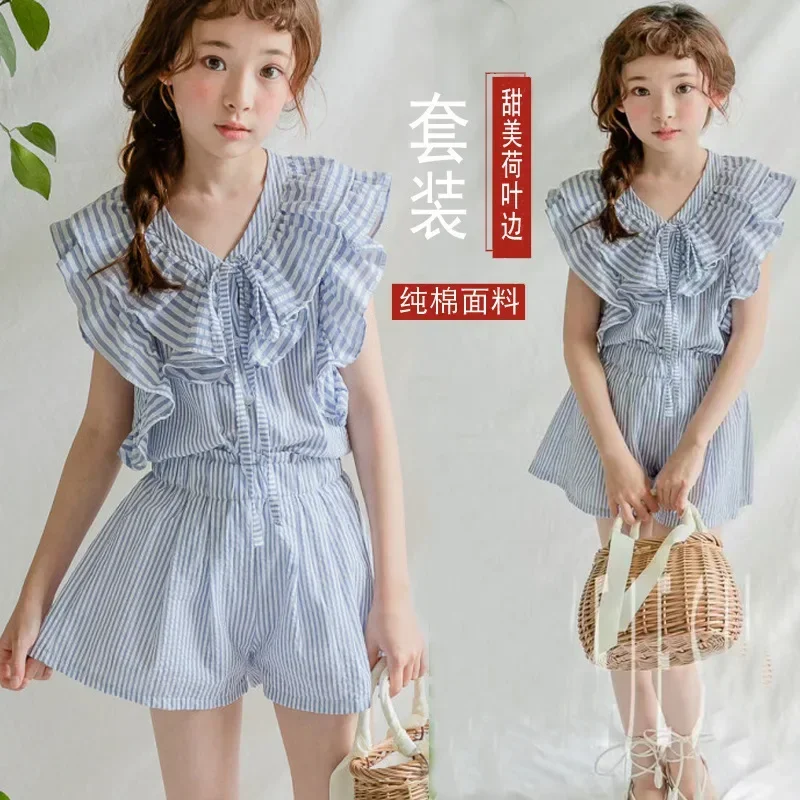 2024 new Summer baby Girls Kids Clothes flounce chiffon strip plaid T Shirt blouse + hot Pants teens 7 8 9 10 11 12 13 14 Years