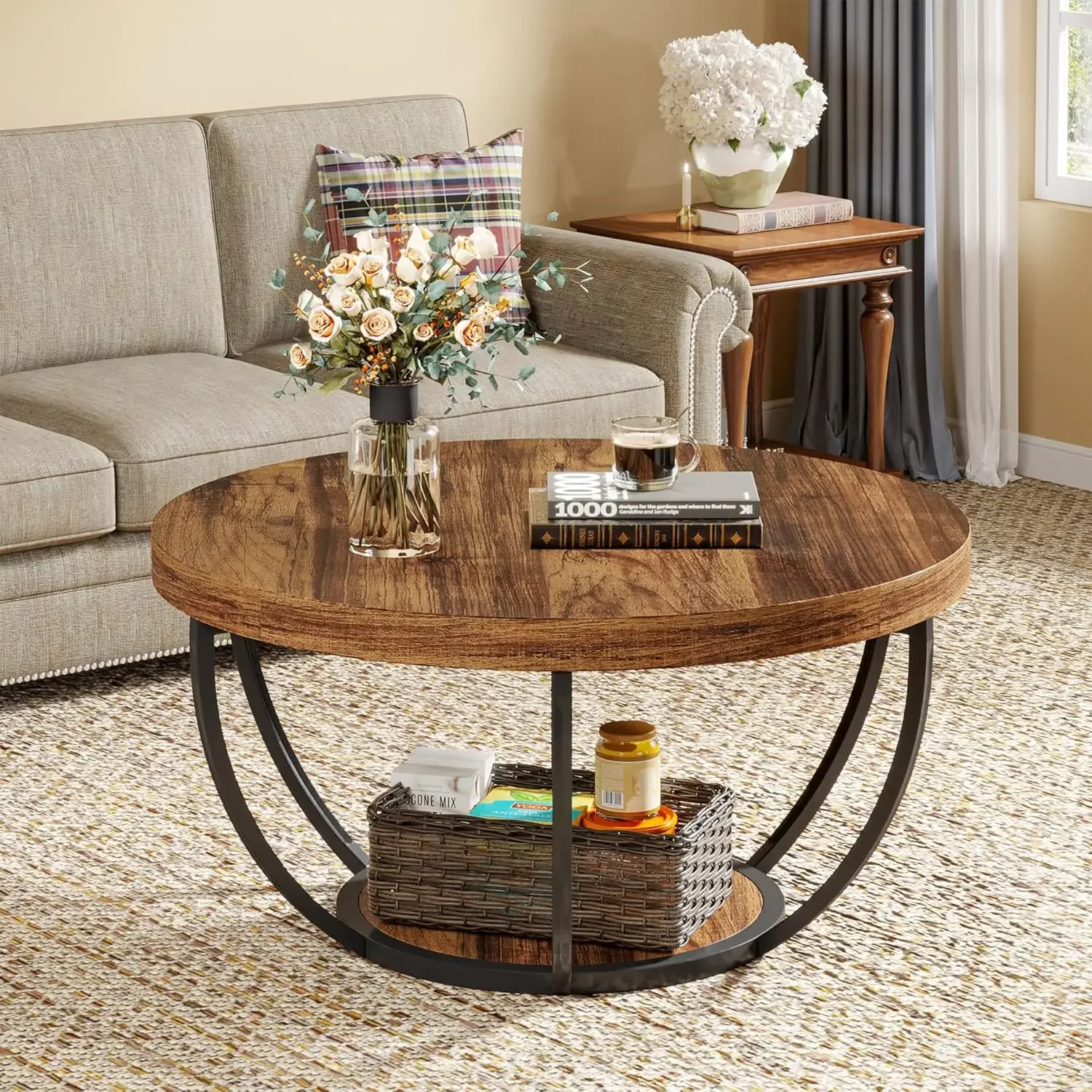 Round Coffee Table, Industrial 2-Tier Circle Coffee Table with Storage Shelves, Modern 31.7