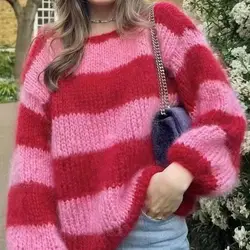 New handmade loose casual red striped pullover clothes, mohair sweater, soft women's thick stick knit sweater, one line collar