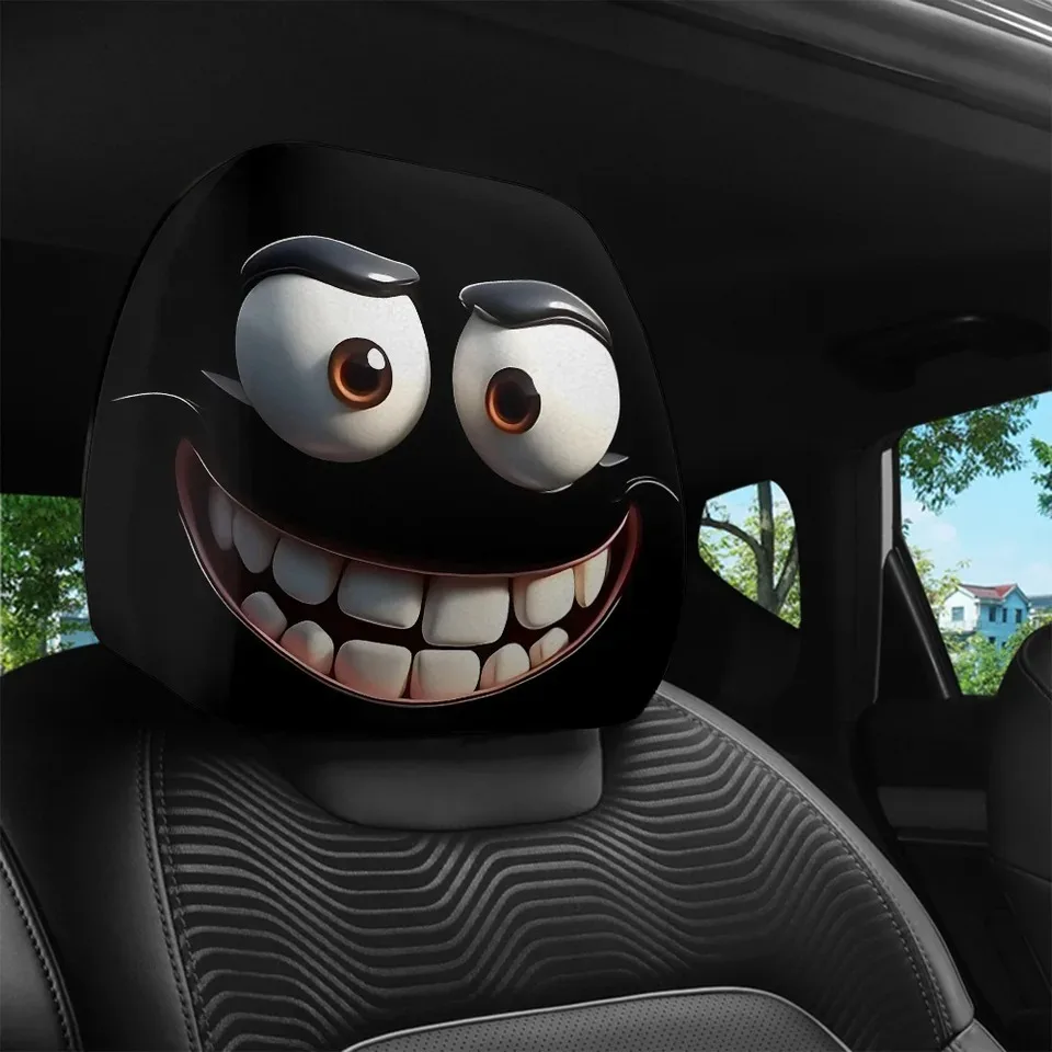 2pcs Smiling Face Cartoon Print Car Headrest Covers Pillowcase Soft Comfortable Washable Polyester Seat Covers Car Accessories