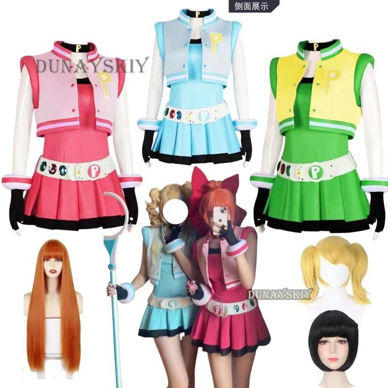 Power Cos Puff Girls Cosplay Costume Hyper Blossom Rolling Bubbles Costume Vest Coat Dress Outfit Hairband Gloves Belt