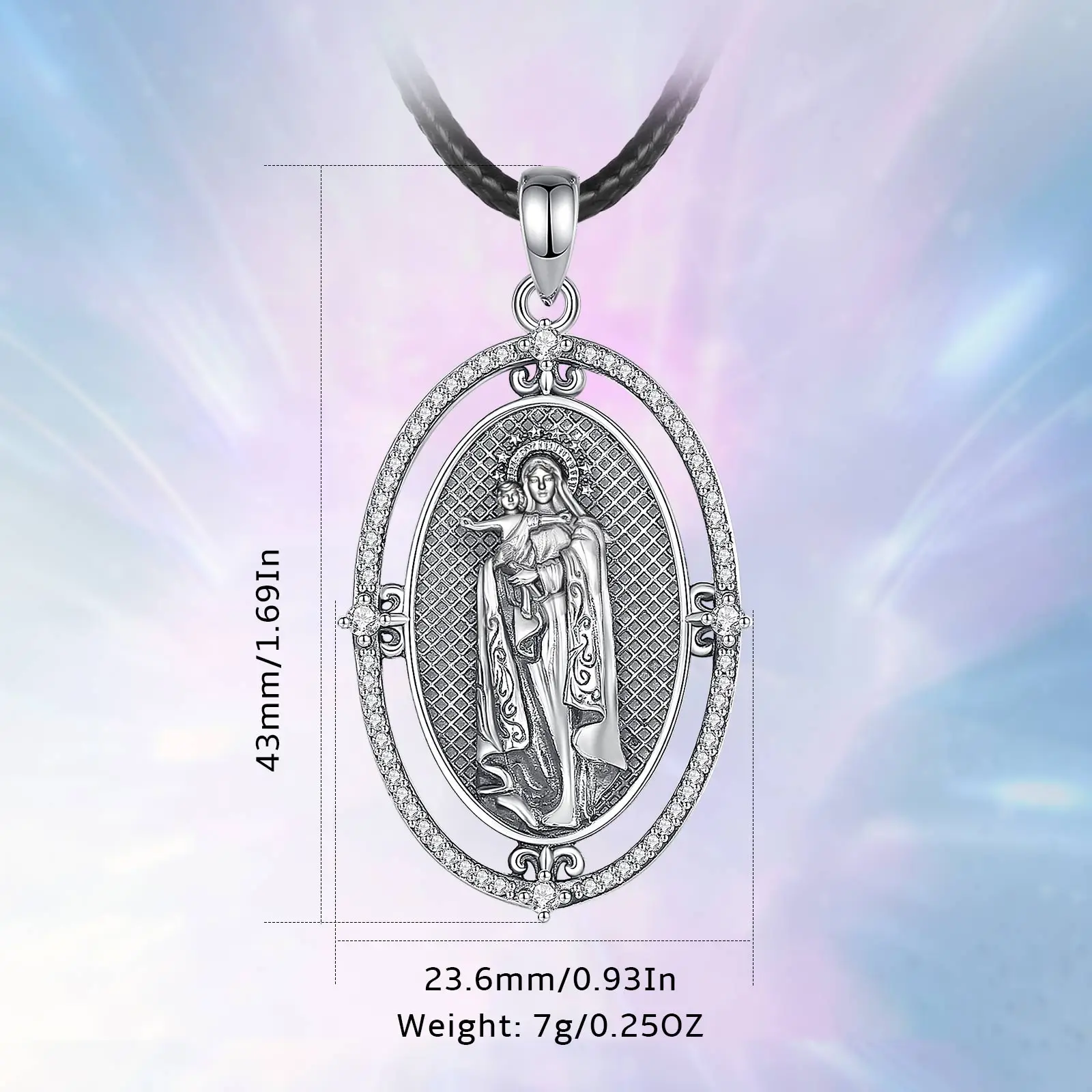 Eudora 925 Sterling Silver Virgin Mary Medal Necklace Christianity Amulet Rotating Pendant Religious Jewelry for Men Women Gift