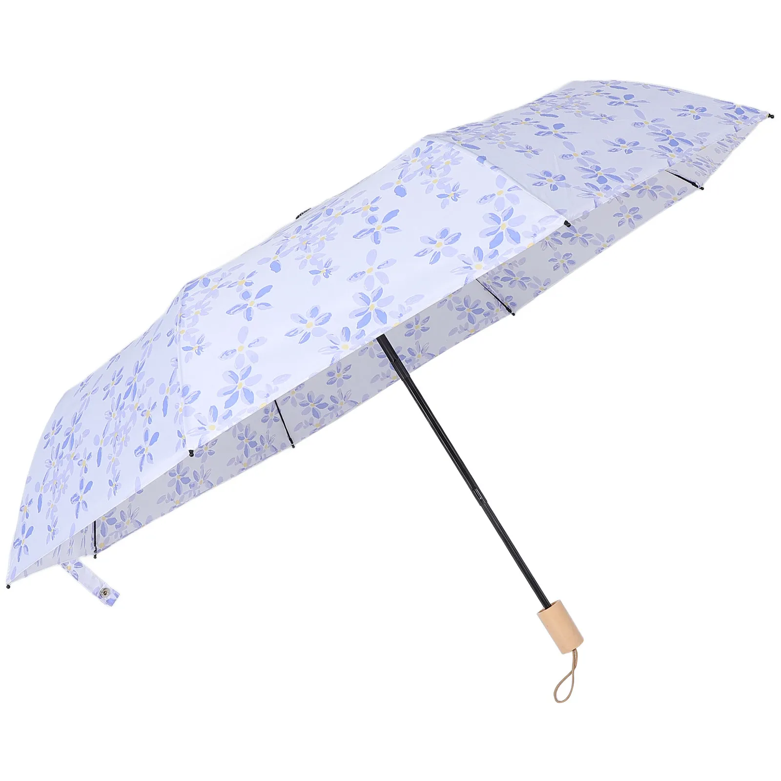 

Стильный зонт с цветочным узором, трехсекционный, компактный, с деревянной ручкой, эргономичной нескользящей рукояткой, большим покрытием, водонепроницаемый, для защиты от дождя