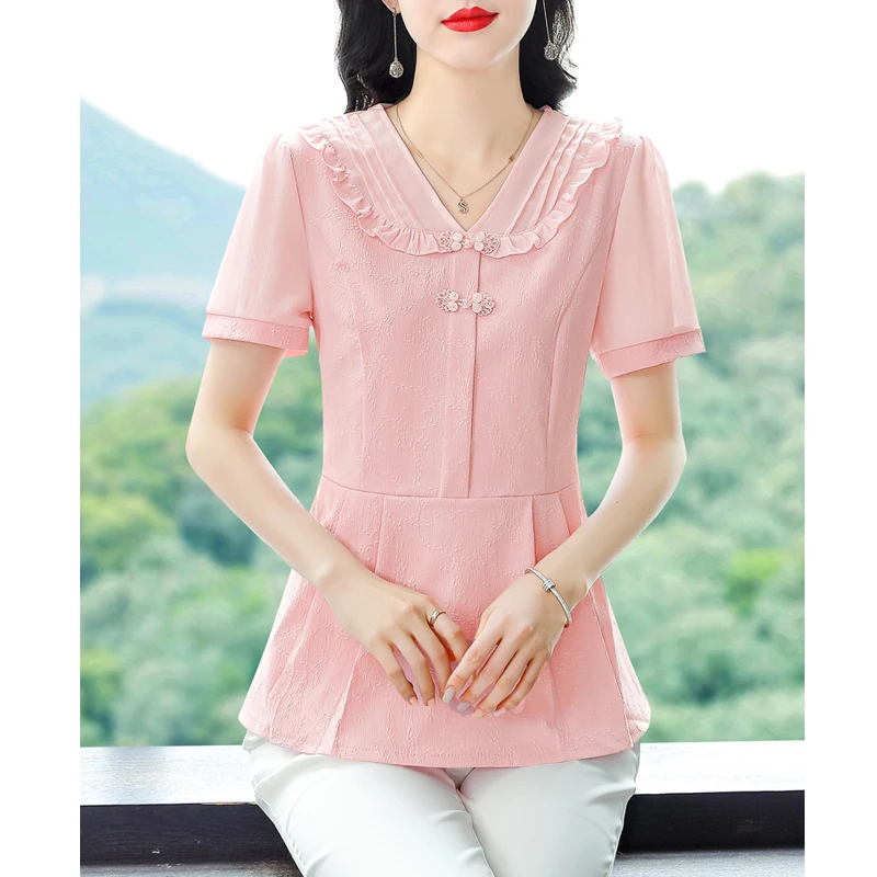 Women Ruffled Chinese Style Elegant Blouse Fashion Sweet Short Sleeve V Neck Shirt Casual Solid Slim Chic Tops Blusas Para Mujer