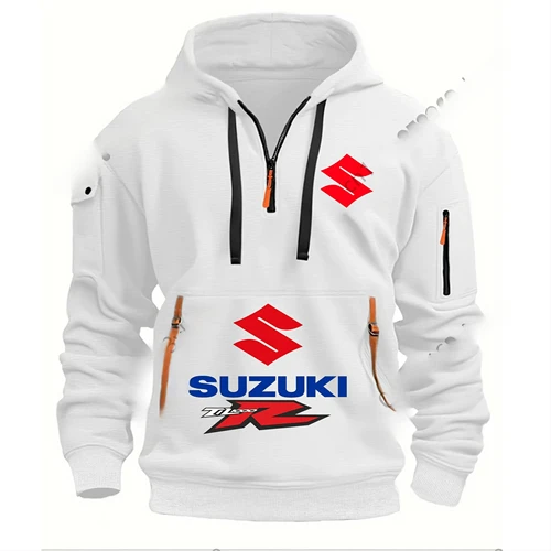 Imagen 2 del producto Suzuki Sudadera con capucha de manga larga con media cremallera para hombre, ropa de trabajo, chaqueta deportiva con múltiples bolsillos para correr, fitness y otoño e invierno