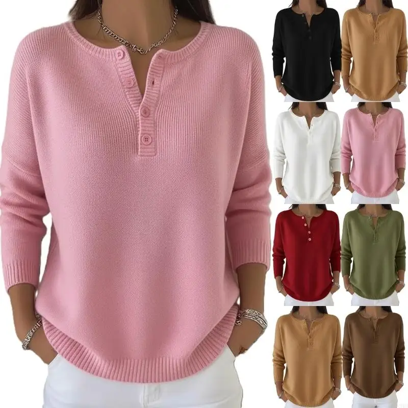 Women's Henley Neck Oversized Sweater Button V Neck Long Sleeve Fall Casual Loose Ribbed Knit Sweater F3MD