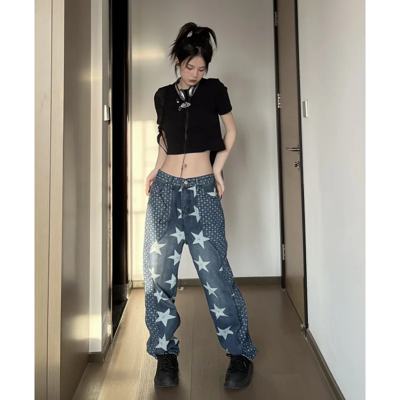 

Women Blue Jeans Printing High Waist American Wide Leg Pants Fashion Y2K Style Baggy Vintage Female Autumn NEW Straight Trousers